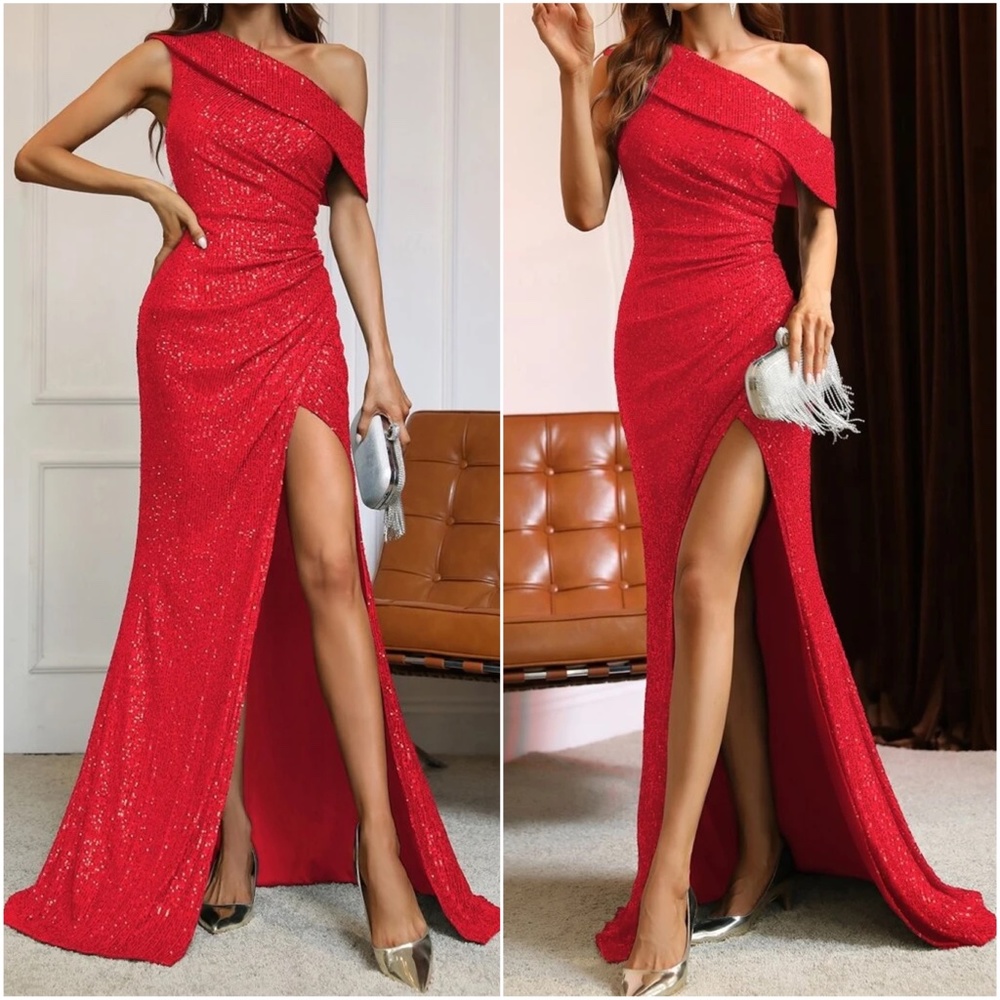Luxe Burgundy Sequin Split Thigh One Shoulder Party Wedding Formal Dress - Picture 7 of 10